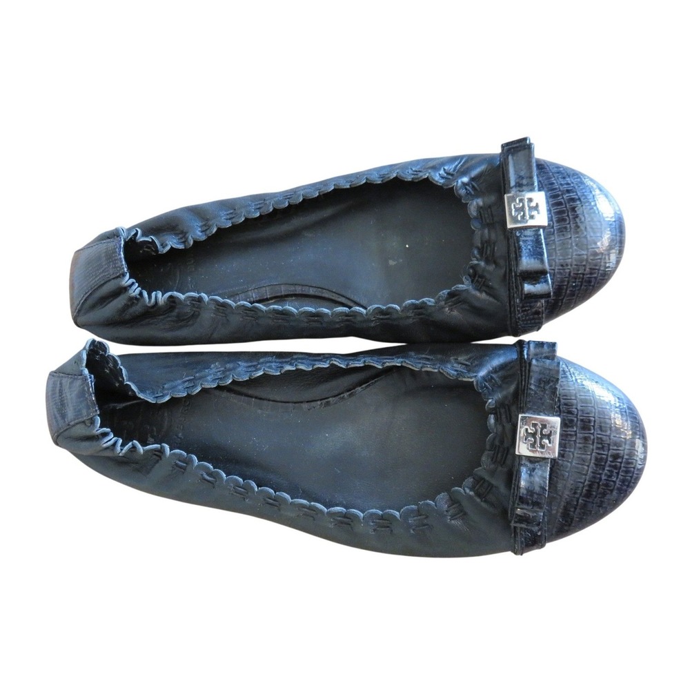 Tory Burch Black Leather Ballet Flats Lizard Embossed Size 7 Damaged